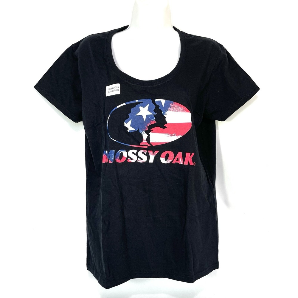Mossy Oak Womens M Black American Flag Logo Patriotic Scoop Neck T-Shirt